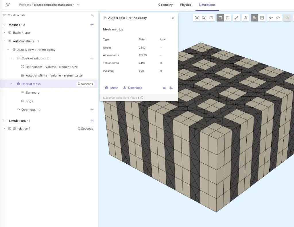 Mesh with autotransfinite on PZT and refinement on epoxy