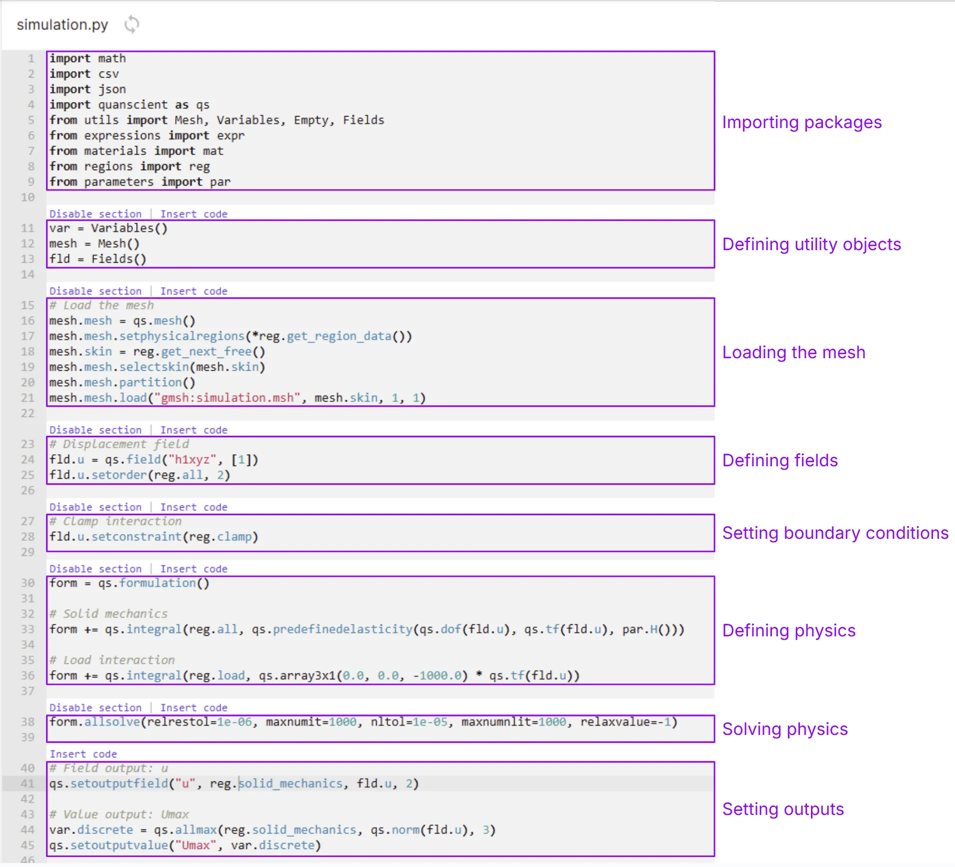 Cantilever beam base script with highlighted code sections