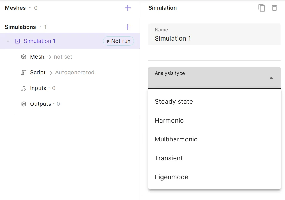 Analysis types drop-down list