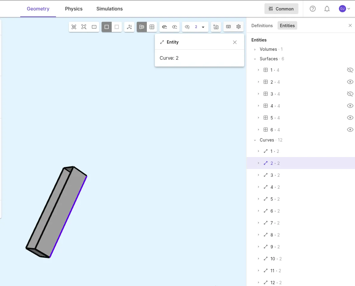 Entities list. Surfaces 1 and 3 are hidden, and curve 2 was clicked in the entities list, which highlights it. Entities list
