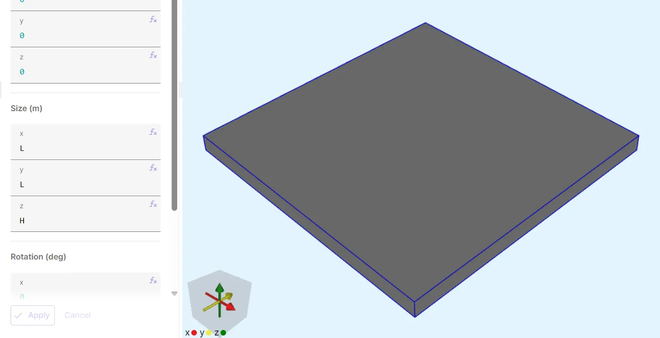 First box dimensions and example model view after geometry is built.