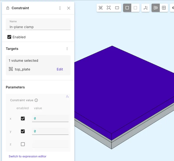 In-plane constraint on the top plate.