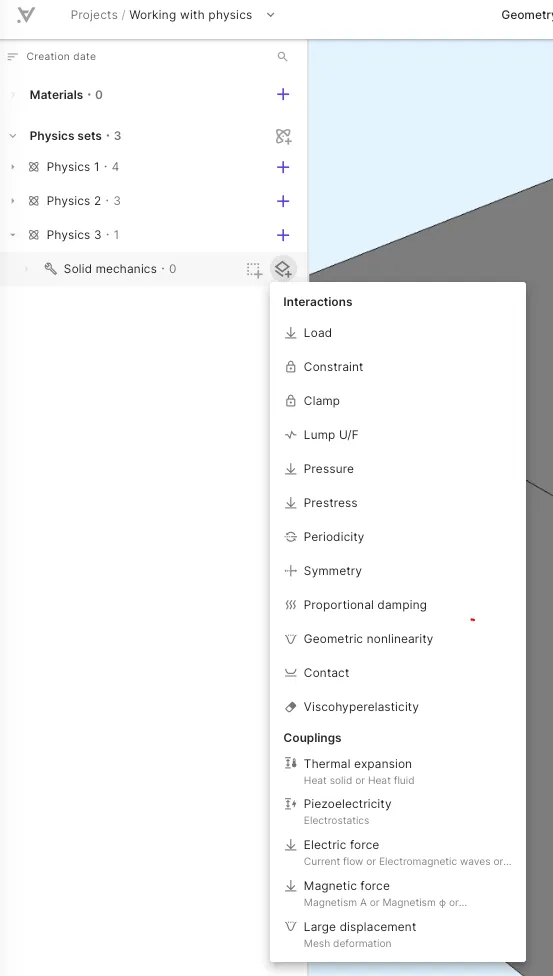 Interactions and couplings menu