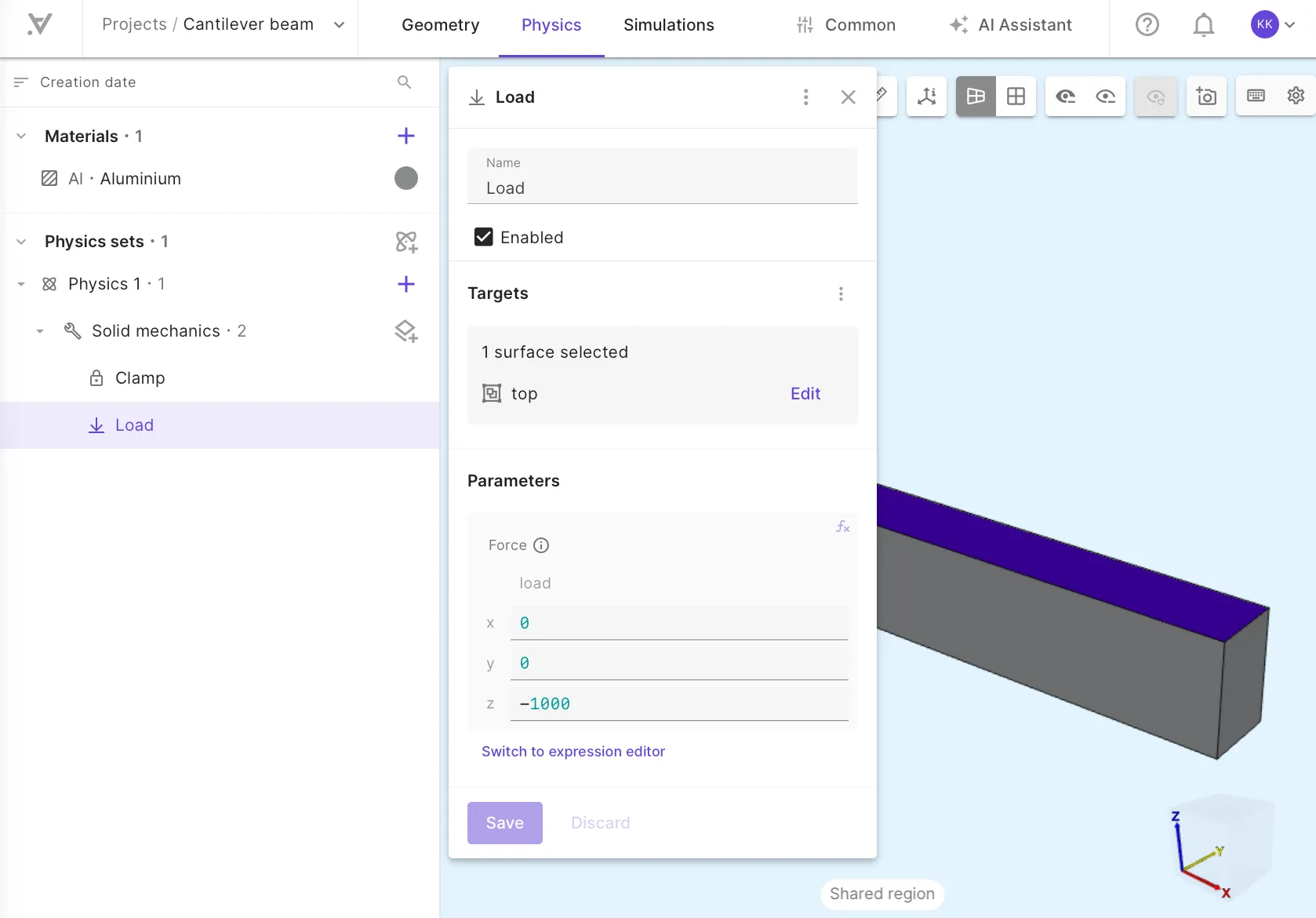 Boundary conditions clamp and load applied in the physics