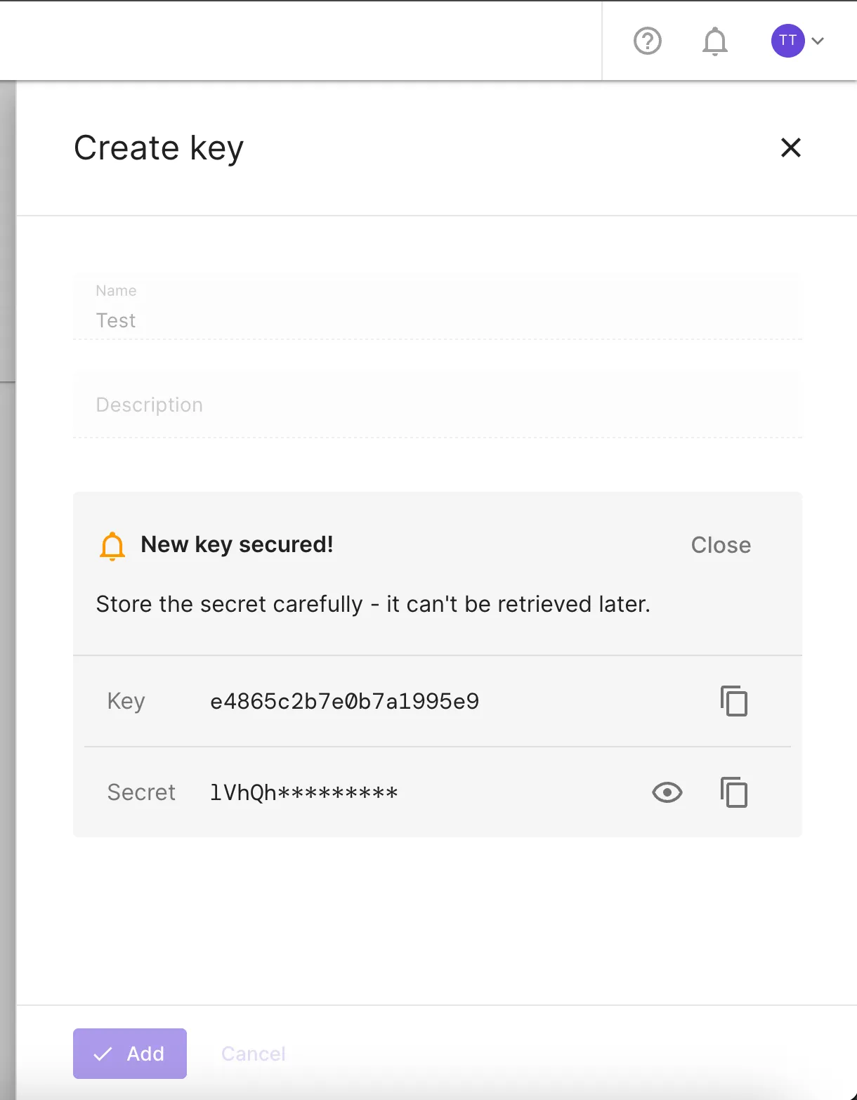 The organization API keys after creating a key