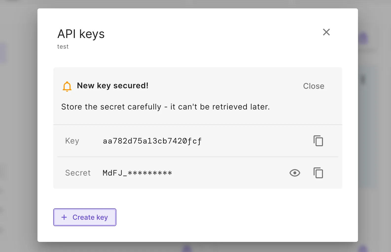The project API keys dialog after creating a key