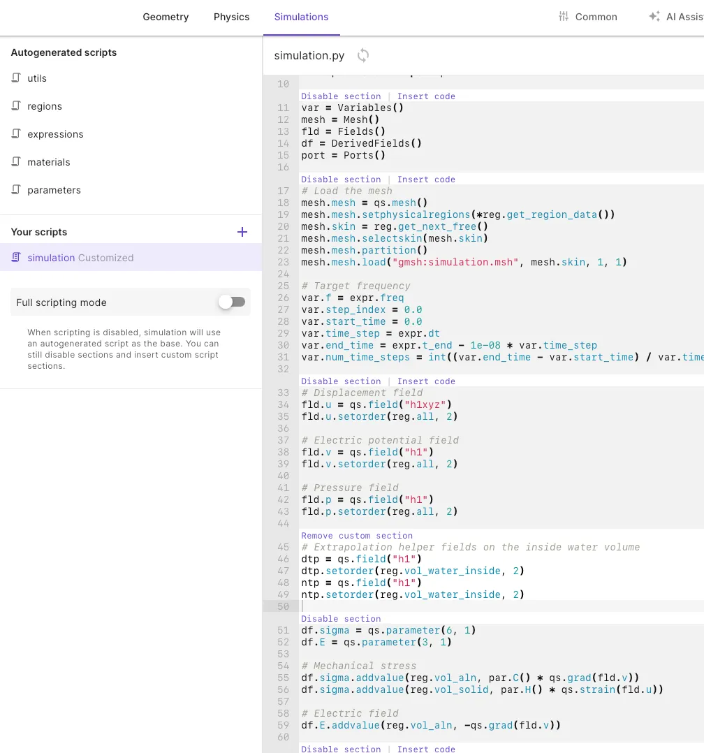 Custom fields section in script editor