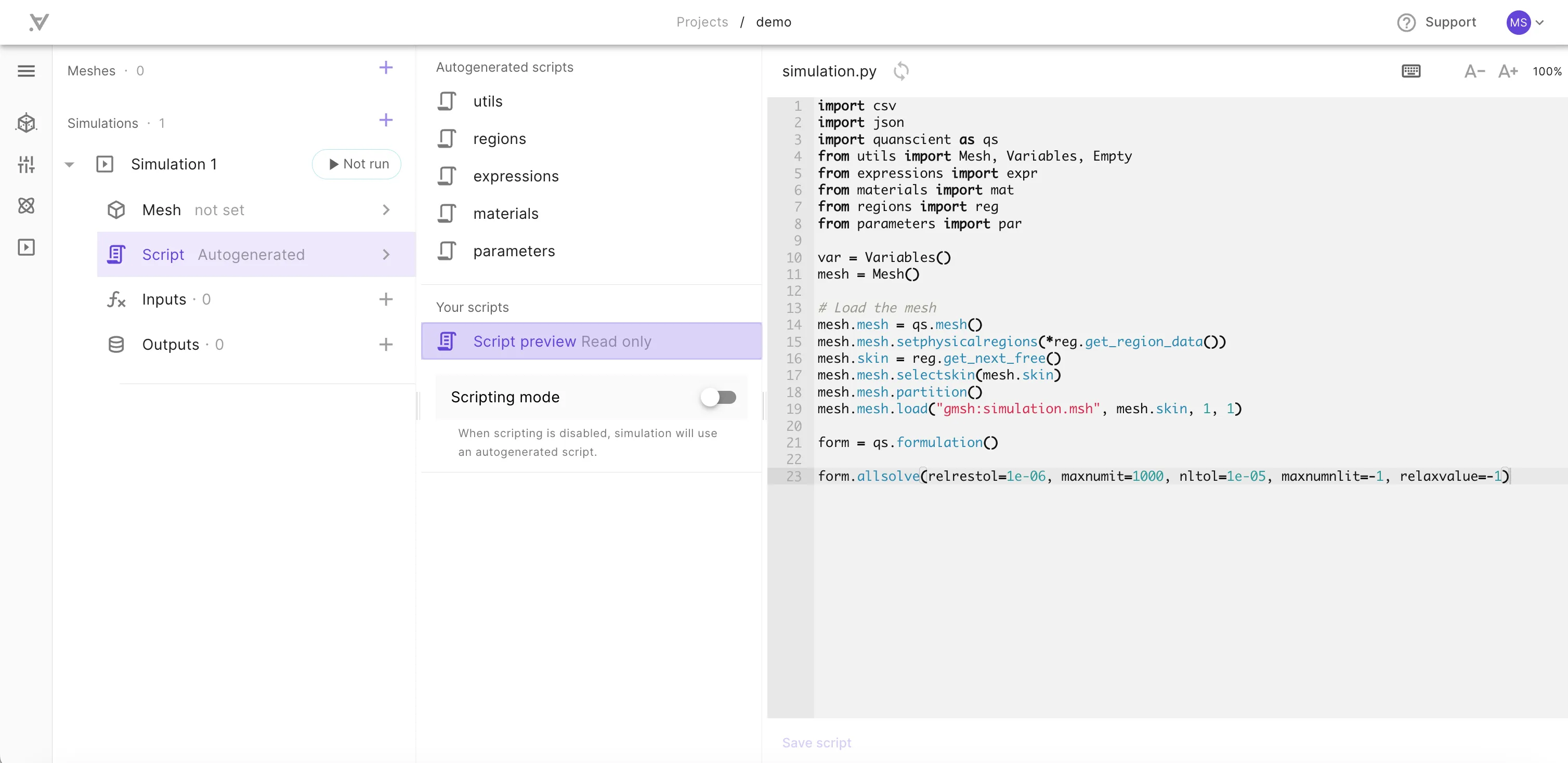 Initial scripts view