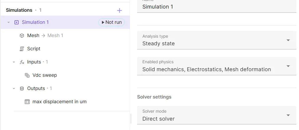 Simulation card with sweep and outputs.
