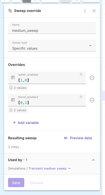 Sweep override panel showing water_enabled and blood_enabled with complementary values