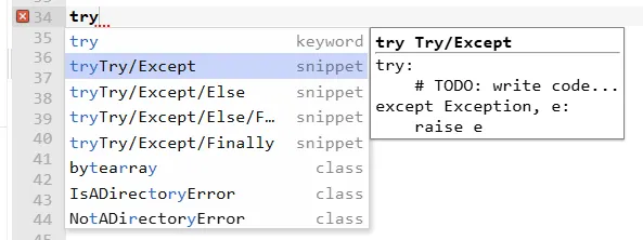 Try/except snippet autocomplete options