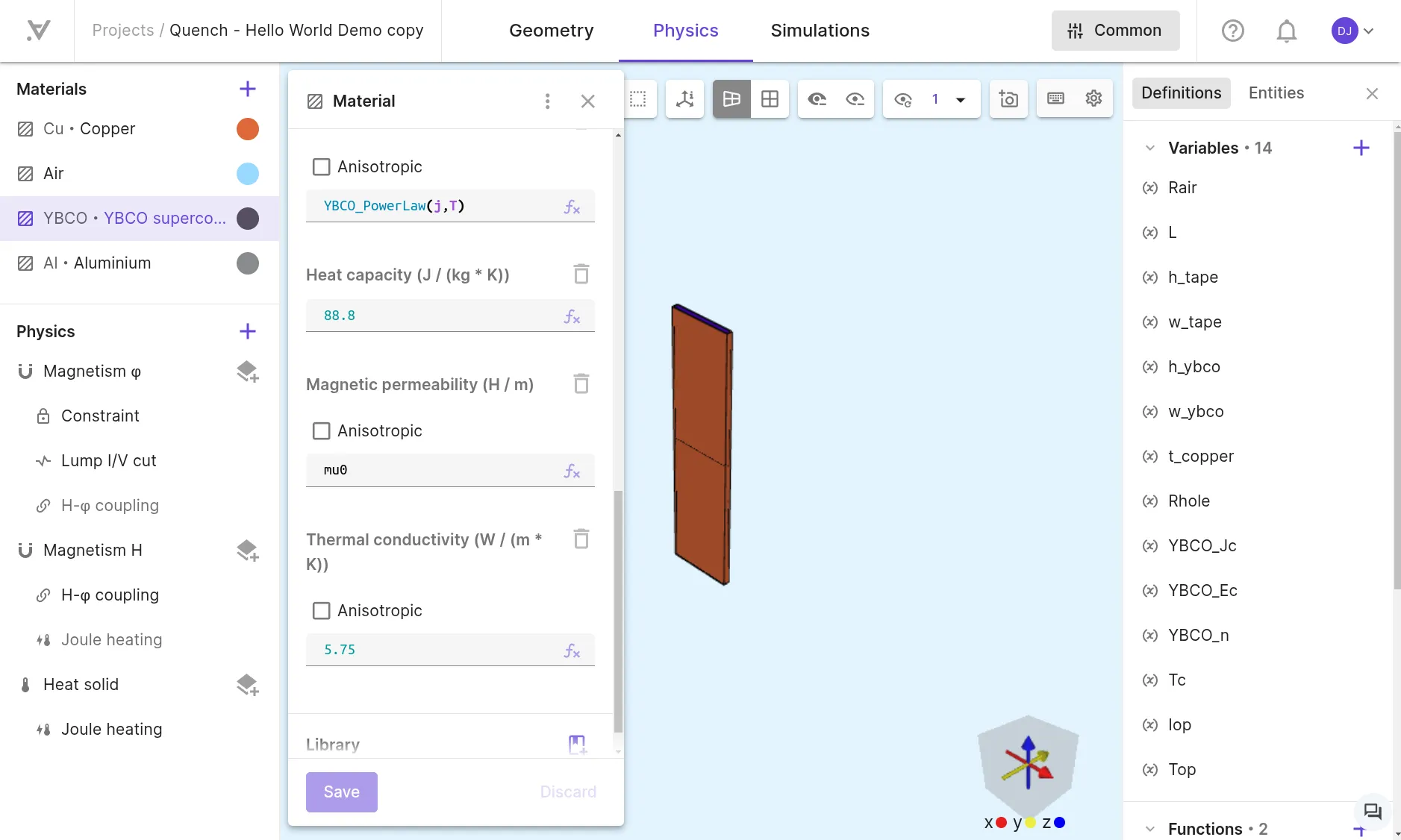 Premade YBCO material properties